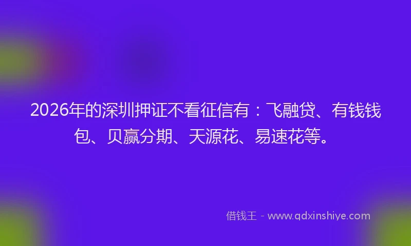 2026年的深圳押证不看征信有：飞融贷、有钱钱包、贝赢分期、天源花、易速花等。