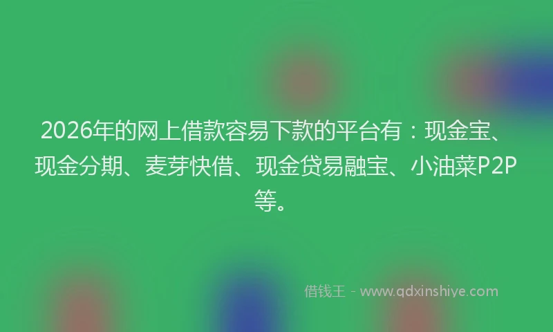 2026年的网上借款容易下款的平台有：现金宝、现金分期、麦芽快借、现金贷易融宝、小油菜P2P等。