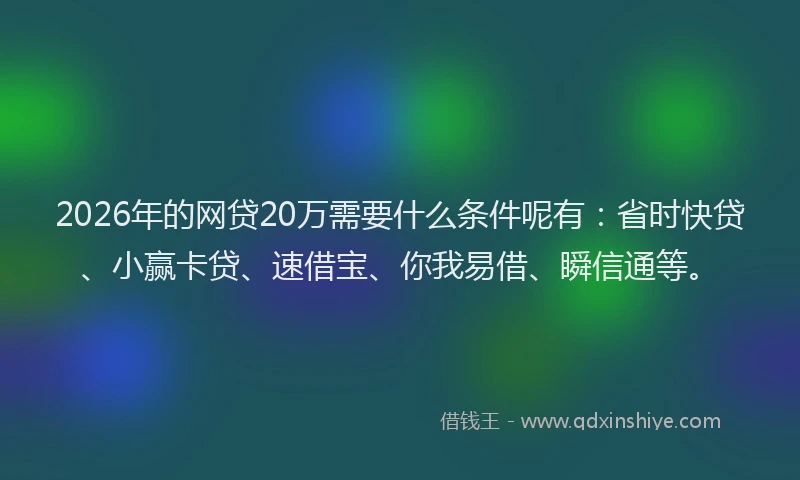 2026年的网贷20万需要什么条件呢有：省时快贷、小赢卡贷、速借宝、你我易借、瞬信通等。