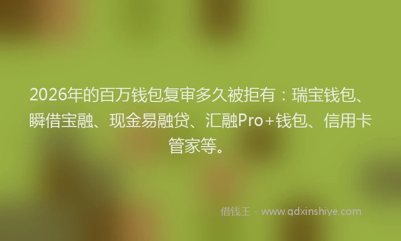 2026年的百万钱包复审多久被拒有：瑞宝钱包、瞬借宝融、现金易融贷、汇融Pro+钱包、信用卡管家等。