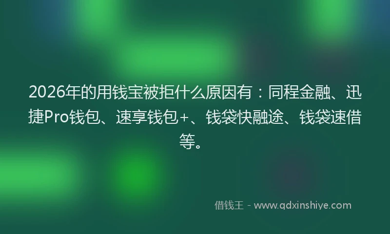 2026年的用钱宝被拒什么原因有：同程金融、迅捷Pro钱包、速享钱包+、钱袋快融途、钱袋速借等。