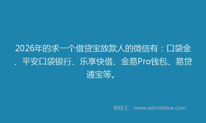 2026年的求一个借贷宝放款人的微信有：口袋金、平安口袋银行、乐享快借、金易Pro钱包、易贷通宝等。