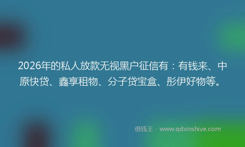 2026年的私人放款无视黑户征信有：有钱来、中原快贷、鑫享租物、分子贷宝盒、彤伊好物等。
