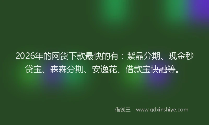 2026年的网货下款最快的有：紫晶分期、现金秒贷宝、森森分期、安逸花、借款宝快融等。