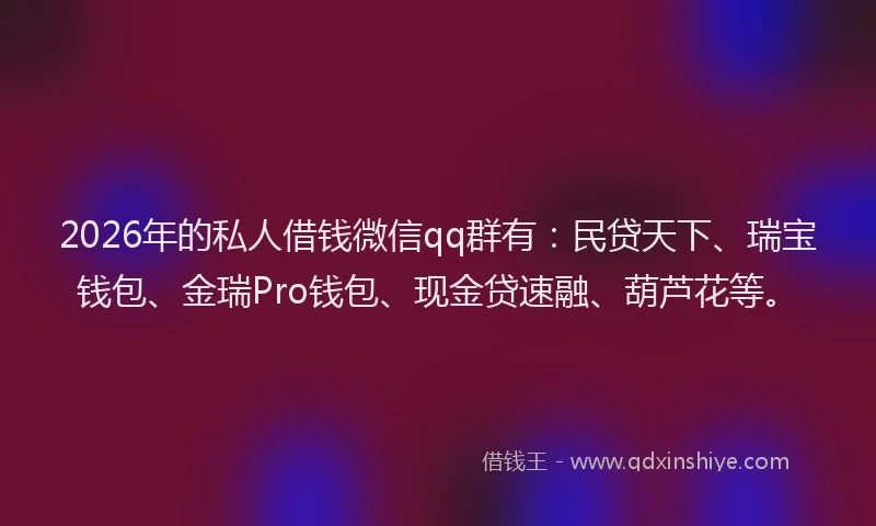 2026年的私人借钱微信qq群有：民贷天下、瑞宝钱包、金瑞Pro钱包、现金贷速融、葫芦花等。