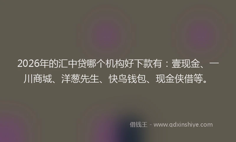 2026年的汇中贷哪个机构好下款有：壹现金、一川商城、洋葱先生、快鸟钱包、现金侠借等。