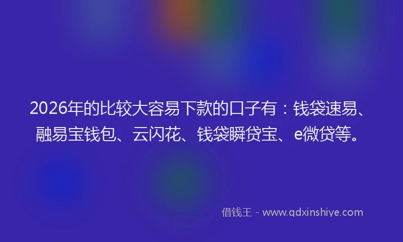 2026年的比较大容易下款的口子有：钱袋速易、融易宝钱包、云闪花、钱袋瞬贷宝、e微贷等。