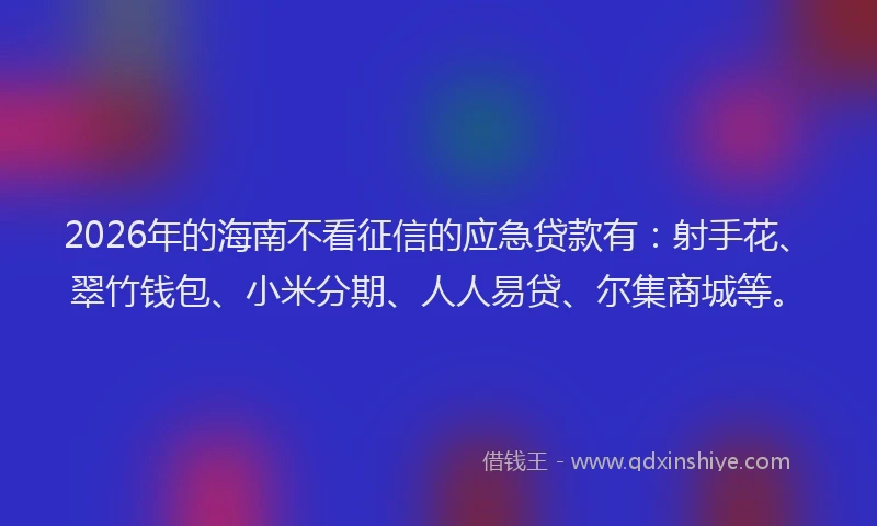 2026年的海南不看征信的应急贷款有：射手花、翠竹钱包、小米分期、人人易贷、尔集商城等。