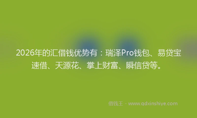 2026年的汇借钱优势有：瑞泽Pro钱包、易贷宝速借、天源花、掌上财富、瞬信贷等。