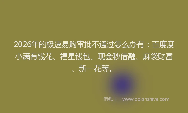 2026年的极速易购审批不通过怎么办有：百度度小满有钱花、福星钱包、现金秒借融、麻袋财富、新一花等。