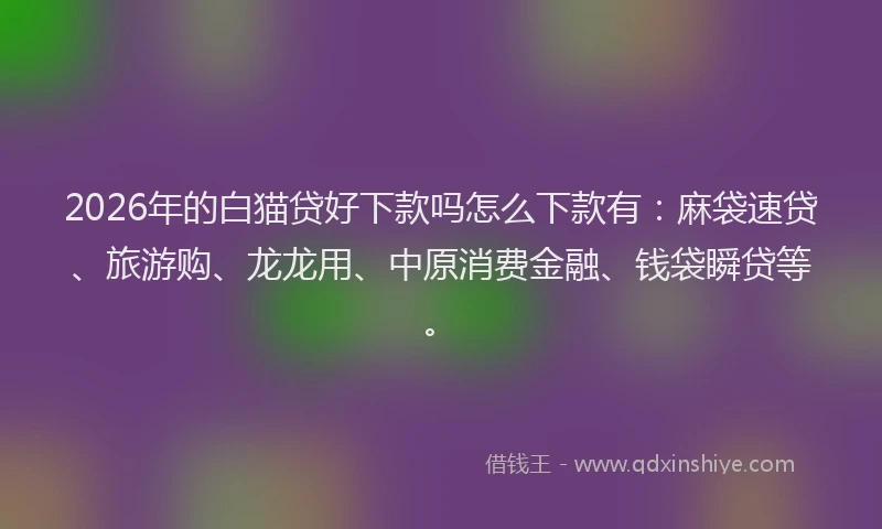 2026年的白猫贷好下款吗怎么下款有：麻袋速贷、旅游购、龙龙用、中原消费金融、钱袋瞬贷等。