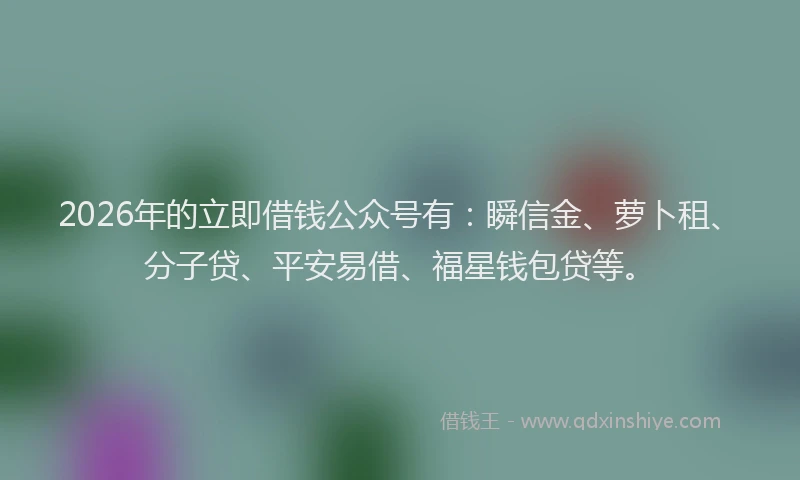 2026年的立即借钱公众号有：瞬信金、萝卜租、分子贷、平安易借、福星钱包贷等。