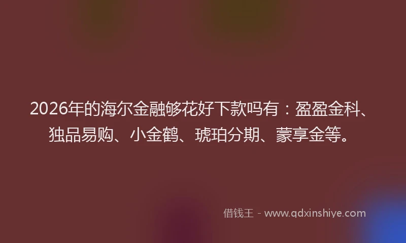 2026年的海尔金融够花好下款吗有：盈盈金科、独品易购、小金鹤、琥珀分期、蒙享金等。