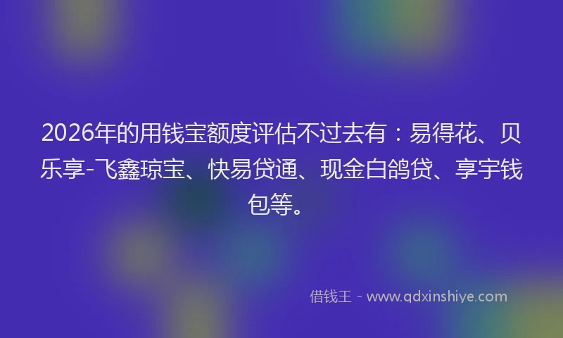 2026年的用钱宝额度评估不过去有：易得花、贝乐享-飞鑫琼宝、快易贷通、现金白鸽贷、享宇钱包等。
