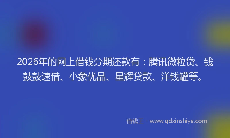 2026年的网上借钱分期还款有：腾讯微粒贷、钱鼓鼓速借、小象优品、星辉贷款、洋钱罐等。