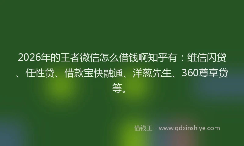 2026年的王者微信怎么借钱啊知乎有：维信闪贷、任性贷、借款宝快融通、洋葱先生、360尊享贷等。
