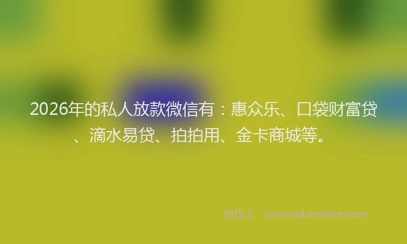 2026年的私人放款微信有：惠众乐、口袋财富贷、滴水易贷、拍拍用、金卡商城等。