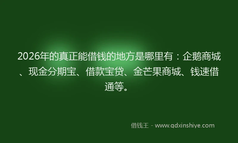 2026年的真正能借钱的地方是哪里有：企鹅商城、现金分期宝、借款宝贷、金芒果商城、钱速借通等。