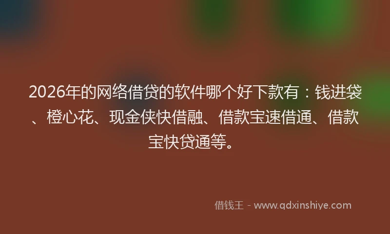 2026年的网络借贷的软件哪个好下款有：钱进袋、橙心花、现金侠快借融、借款宝速借通、借款宝快贷通等。