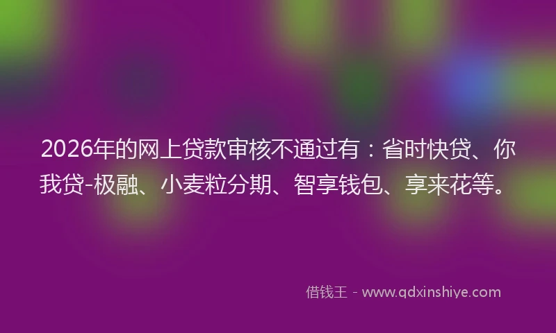 2026年的网上贷款审核不通过有：省时快贷、你我贷-极融、小麦粒分期、智享钱包、享来花等。