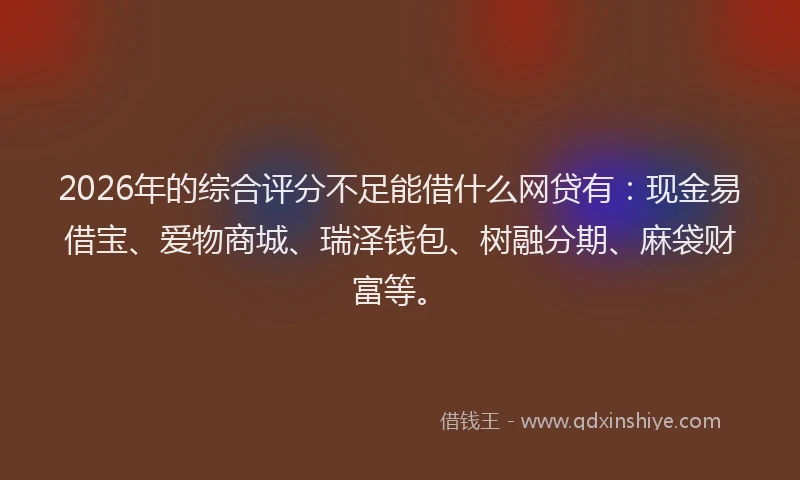 2026年的综合评分不足能借什么网贷有：现金易借宝、爱物商城、瑞泽钱包、树融分期、麻袋财富等。