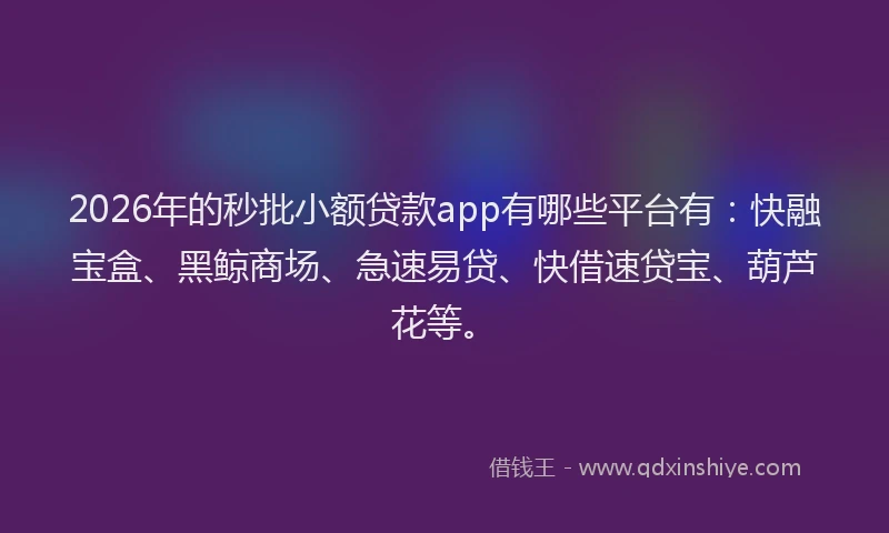 2026年的秒批小额贷款app有哪些平台有：快融宝盒、黑鲸商场、急速易贷、快借速贷宝、葫芦花等。