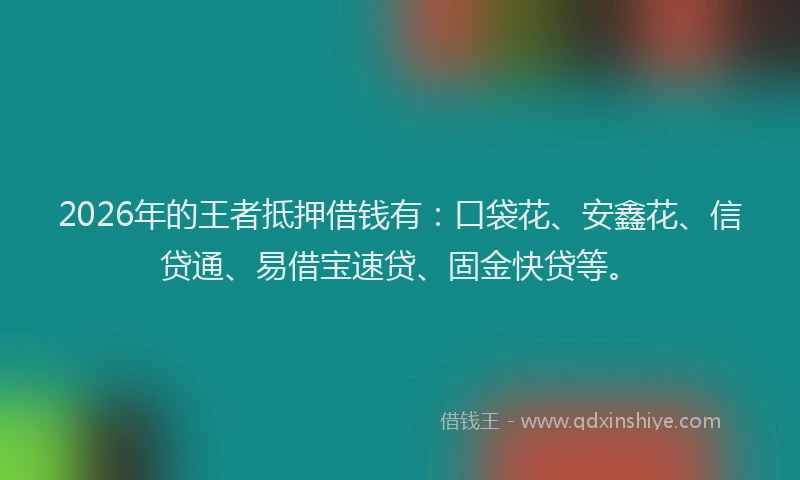2026年的王者抵押借钱有：口袋花、安鑫花、信贷通、易借宝速贷、固金快贷等。