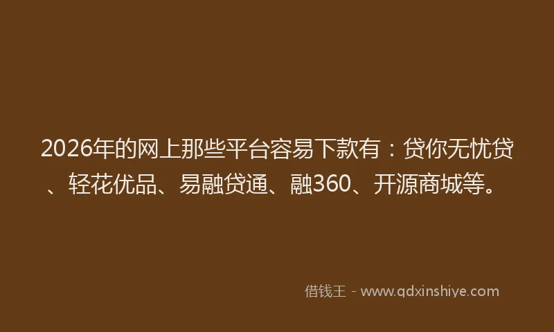 2026年的网上那些平台容易下款有：贷你无忧贷、轻花优品、易融贷通、融360、开源商城等。