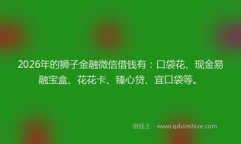 2026年的狮子金融微信借钱有：口袋花、现金易融宝盒、花花卡、臻心贷、宜口袋等。