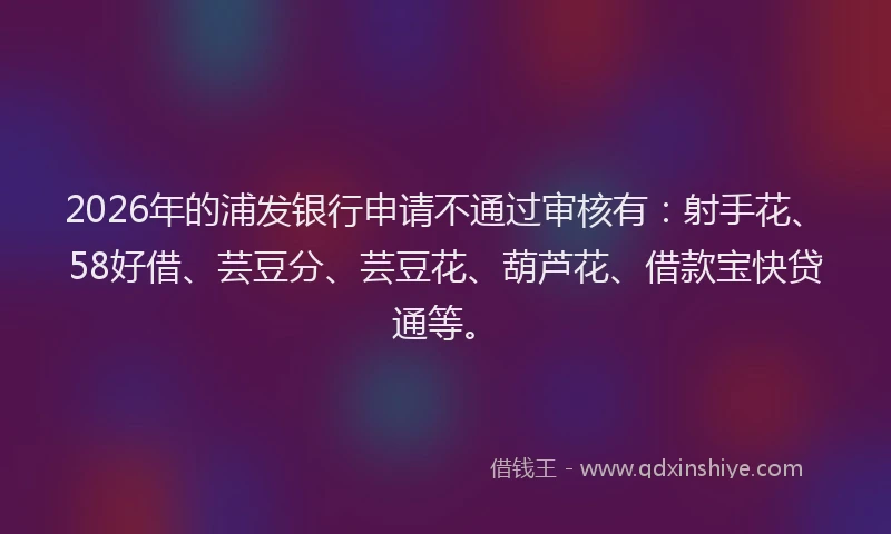 2026年的浦发银行申请不通过审核有：射手花、58好借、芸豆分、芸豆花、葫芦花、借款宝快贷通等。