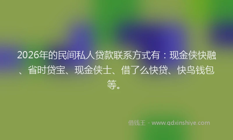2026年的民间私人贷款联系方式有：现金侠快融、省时贷宝、现金侠士、借了么快贷、快鸟钱包等。