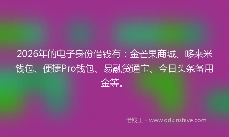 2026年的电子身份借钱有：金芒果商城、哆来米钱包、便捷Pro钱包、易融贷通宝、今日头条备用金等。