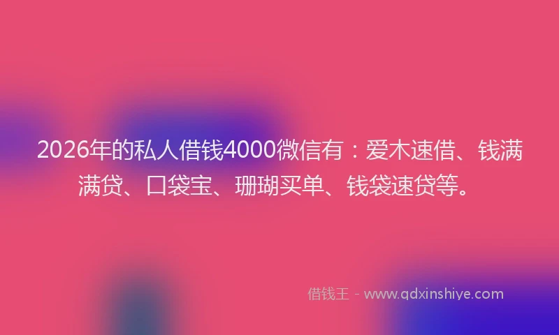2026年的私人借钱4000微信有：爱木速借、钱满满贷、口袋宝、珊瑚买单、钱袋速贷等。