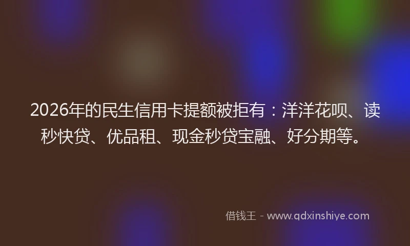 2026年的民生信用卡提额被拒有：洋洋花呗、读秒快贷、优品租、现金秒贷宝融、好分期等。