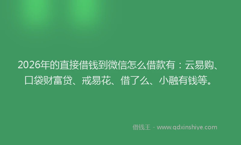 2026年的直接借钱到微信怎么借款有：云易购、口袋财富贷、戒易花、借了么、小融有钱等。