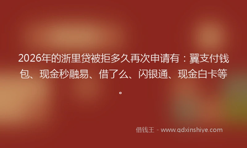 2026年的浙里贷被拒多久再次申请有：翼支付钱包、现金秒融易、借了么、闪银通、现金白卡等。