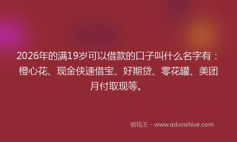 2026年的满19岁可以借款的口子叫什么名字有：橙心花、现金侠速借宝、好期贷、零花罐、美团月付取现等。