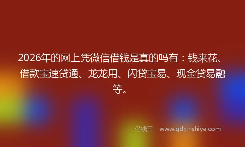 2026年的网上凭微信借钱是真的吗有：钱来花、借款宝速贷通、龙龙用、闪贷宝易、现金贷易融等。