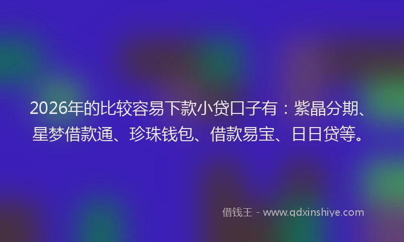 2026年的比较容易下款小贷口子有：紫晶分期、星梦借款通、珍珠钱包、借款易宝、日日贷等。