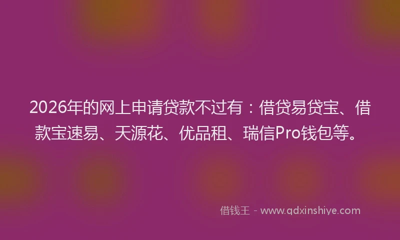 2026年的网上申请贷款不过有：借贷易贷宝、借款宝速易、天源花、优品租、瑞信Pro钱包等。