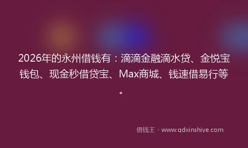 2026年的永州借钱有：滴滴金融滴水贷、金悦宝钱包、现金秒借贷宝、Max商城、钱速借易行等。