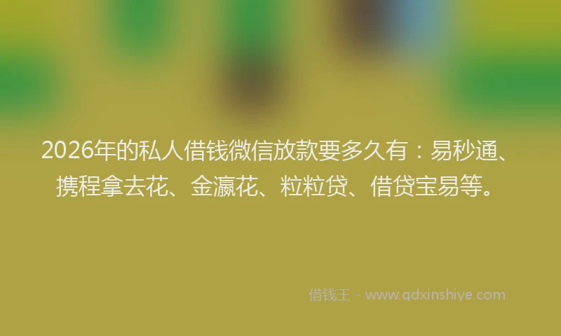2026年的私人借钱微信放款要多久有：易秒通、携程拿去花、金瀛花、粒粒贷、借贷宝易等。