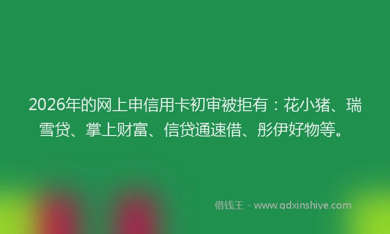 2026年的网上申信用卡初审被拒有：花小猪、瑞雪贷、掌上财富、信贷通速借、彤伊好物等。