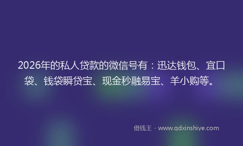 2026年的私人贷款的微信号有：迅达钱包、宜口袋、钱袋瞬贷宝、现金秒融易宝、羊小购等。