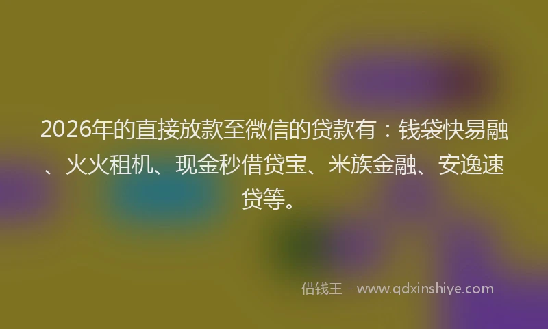 2026年的直接放款至微信的贷款有：钱袋快易融、火火租机、现金秒借贷宝、米族金融、安逸速贷等。