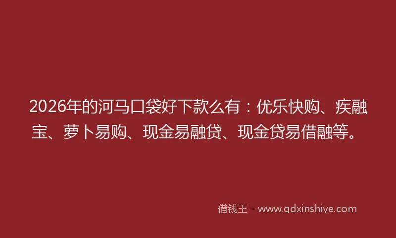 2026年的河马口袋好下款么有：优乐快购、疾融宝、萝卜易购、现金易融贷、现金贷易借融等。