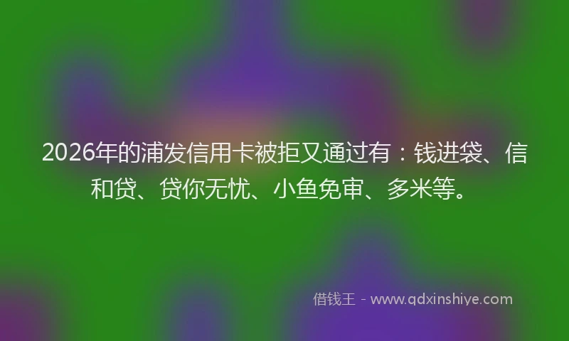 2026年的浦发信用卡被拒又通过有：钱进袋、信和贷、贷你无忧、小鱼免审、多米等。