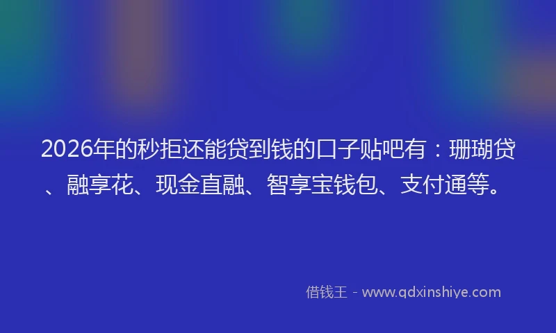 2026年的秒拒还能贷到钱的口子贴吧有：珊瑚贷、融享花、现金直融、智享宝钱包、支付通等。