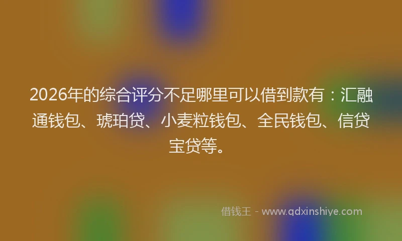 2026年的综合评分不足哪里可以借到款有：汇融通钱包、琥珀贷、小麦粒钱包、全民钱包、信贷宝贷等。