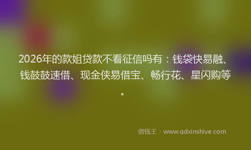 2026年的款姐贷款不看征信吗有：钱袋快易融、钱鼓鼓速借、现金侠易借宝、畅行花、星闪购等。